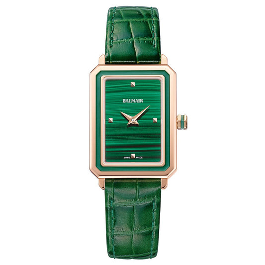 Balmain Eirini 25mm Rectangular Green Leather Strap Women's Watch B43949276