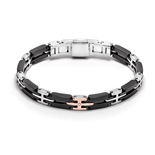 Baraka Men's 18K Rose Gold, Steel & Black Ceramic Link Bracelet with Diamond