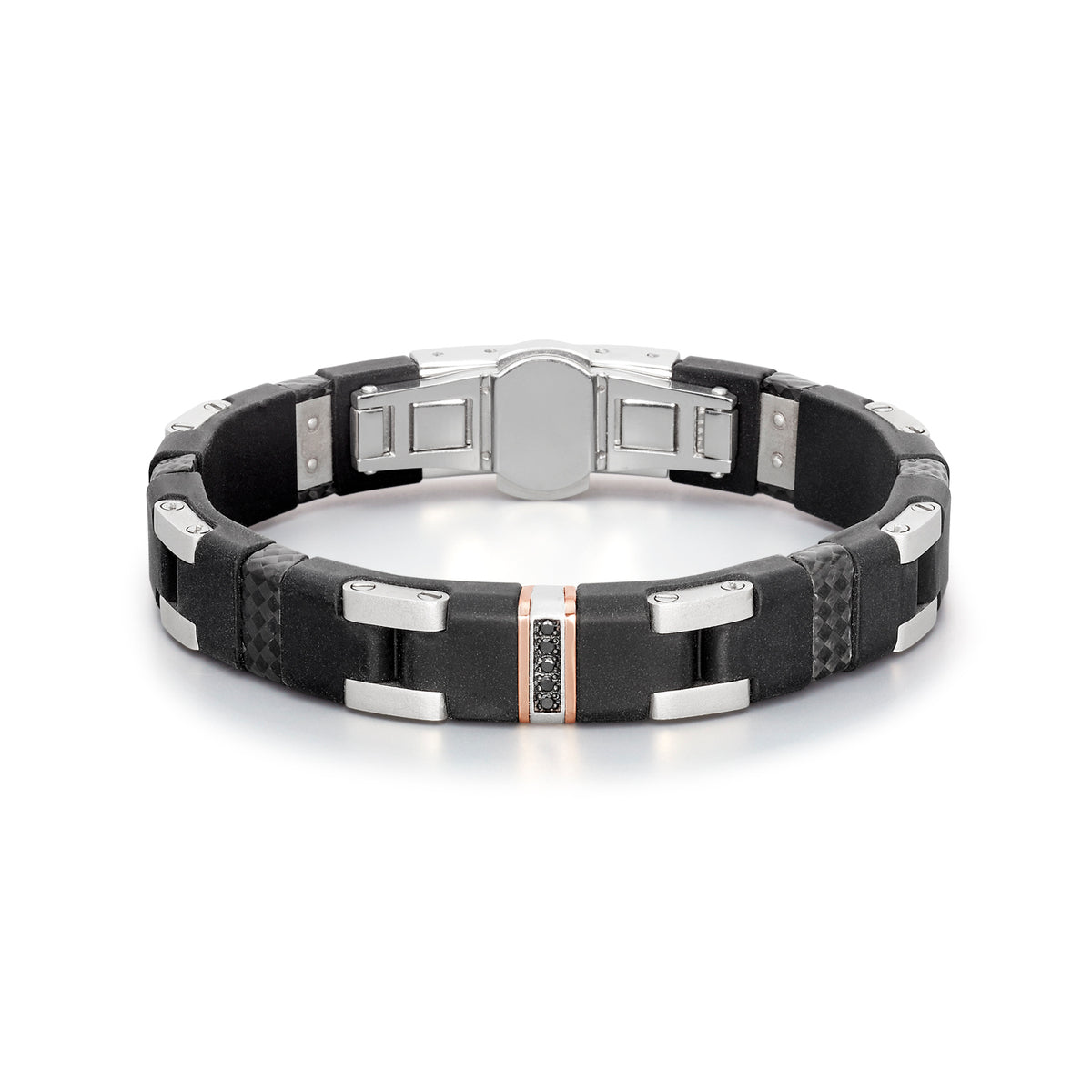 Baraka Men's 18K Rose Gold, Silver & Rubber Bracelet with Black Diamonds