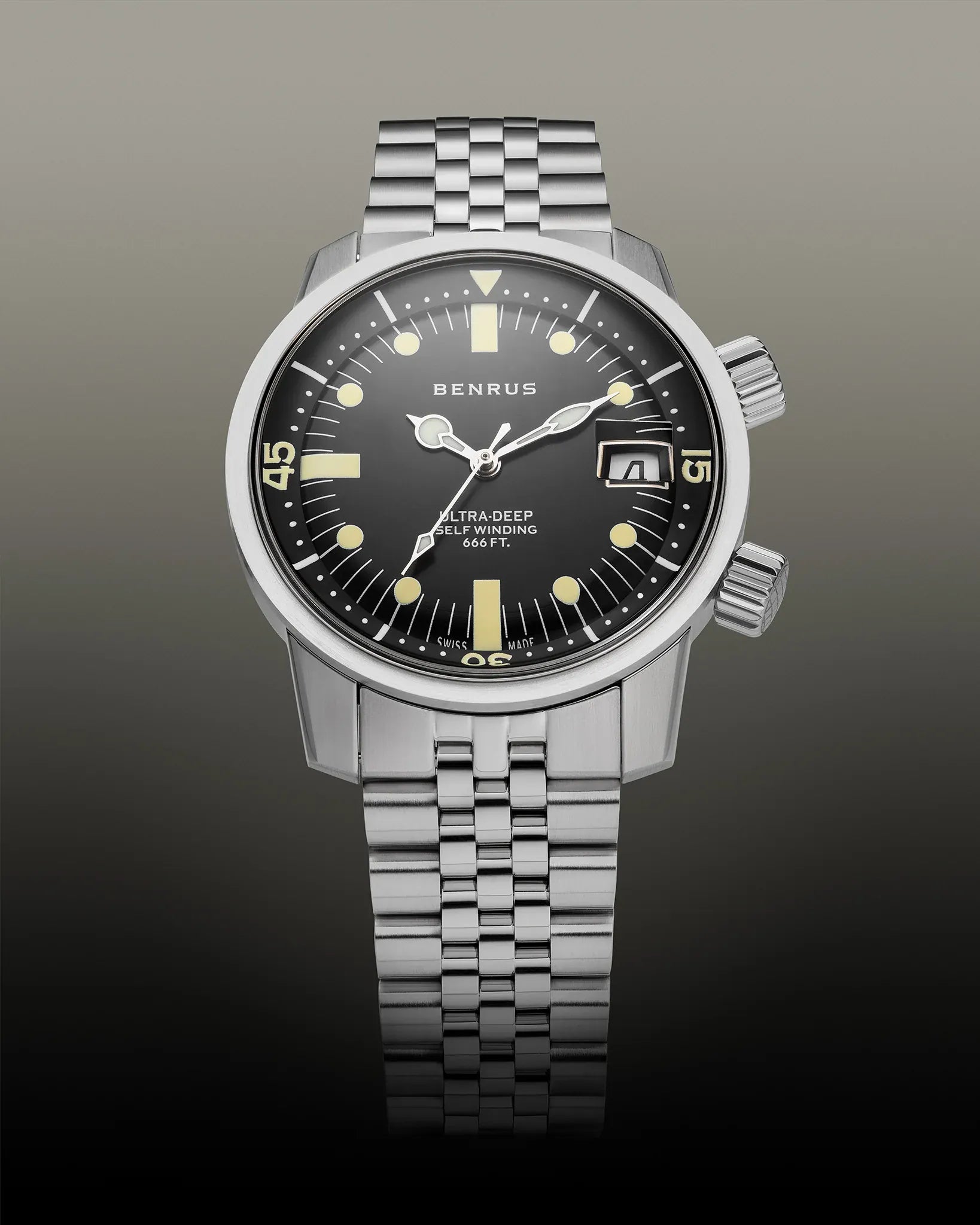 Benrus Ultra-Deep 36.5mm Black Dial Men's Watch UD-SA-BK-SS