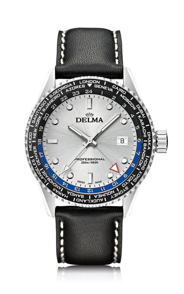 DELMA Cayman Worldtimer 42mm Silver Sunray Dial Men's Watch 41601.712.6.061