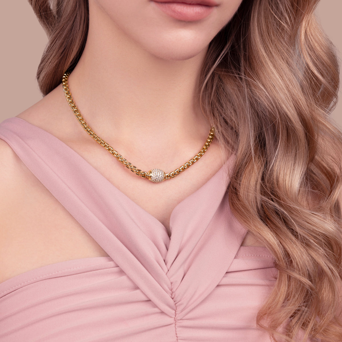 Bronzallure Squared Rolo Link Necklace with Cubic Zirconia Pavé WSBZ02579Y.WR