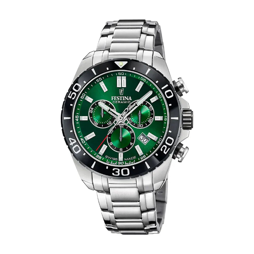 Festina Swiss Made 44mm Chronograph Ceramic Green Dial Men's Watch F20042/3
