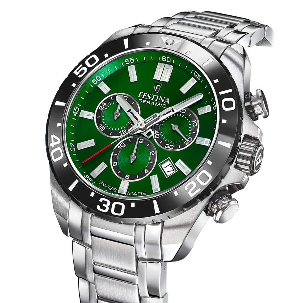 Festina Swiss Made 44mm Chronograph Ceramic Green Dial Men's Watch F20042/3