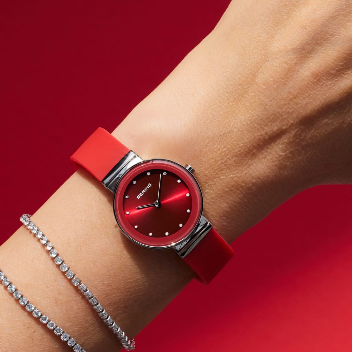 BERING Classic Polished Silver 29mm Red Sunray Dial Women's Watch 10129-503