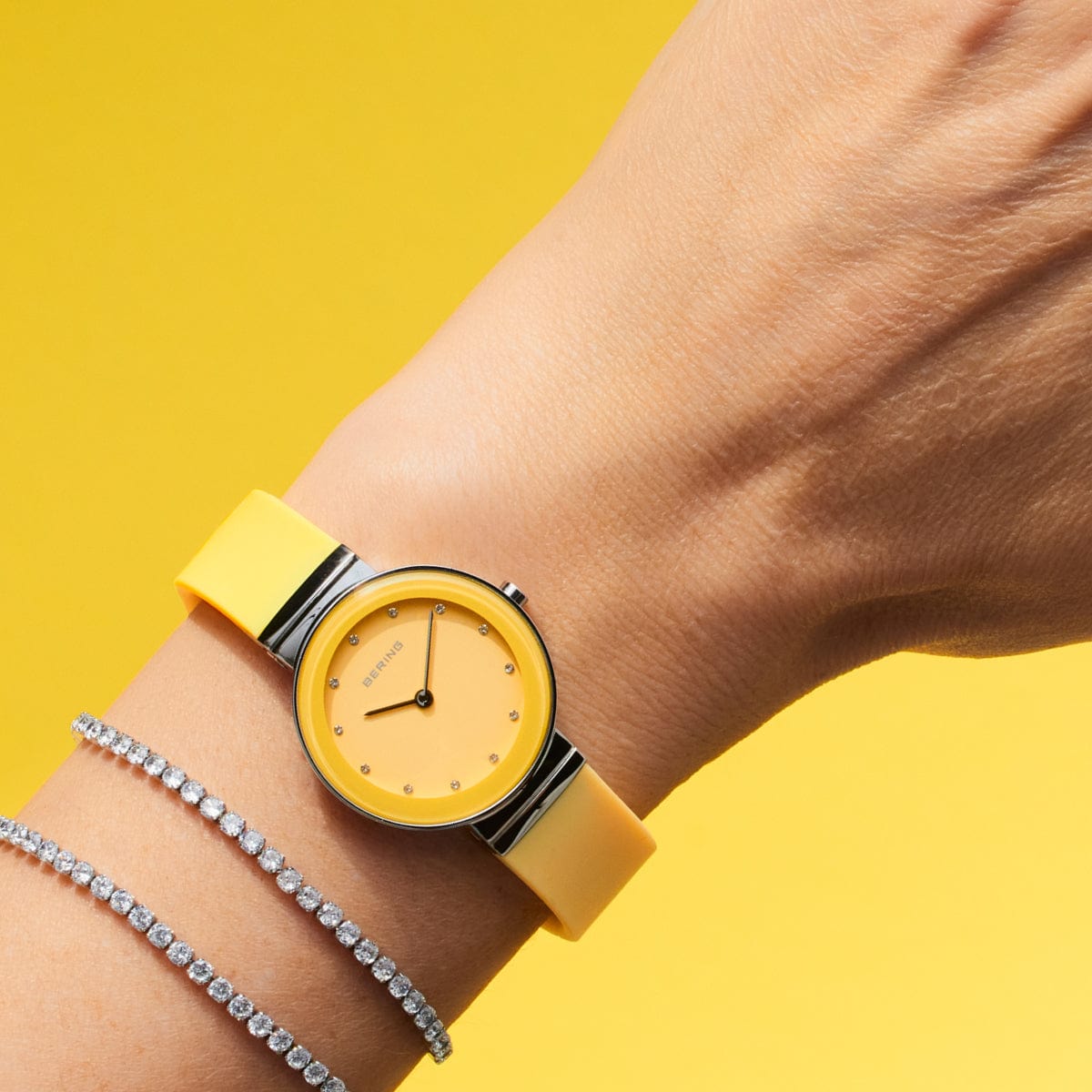 BERING Classic Polished Silver 29mm Yellow Sunray Dial Women's Watch 10129-600