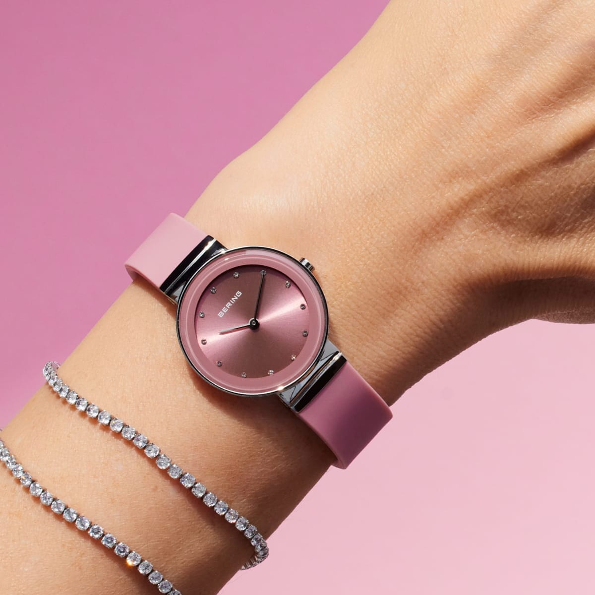 BERING Classic Polished Silver 29mm Pink Sunray Dial Women's Watch 10129-909