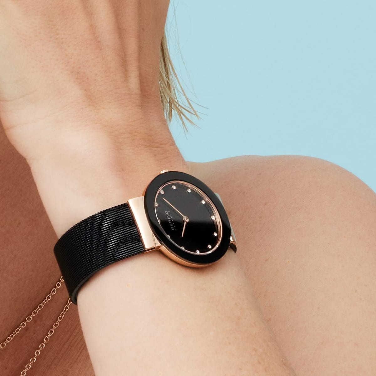 BERING Ceramic Polished Rose Gold 35mm Black Dial Women's Watch 11435-166