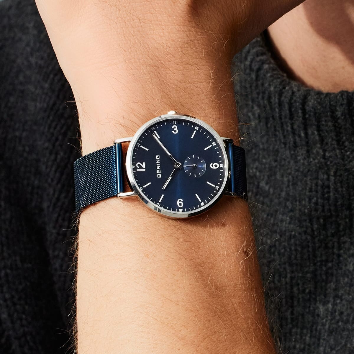 BERING Classic Polished Silver 40mm Blue Sunray Dial Men's Watch 14040-307