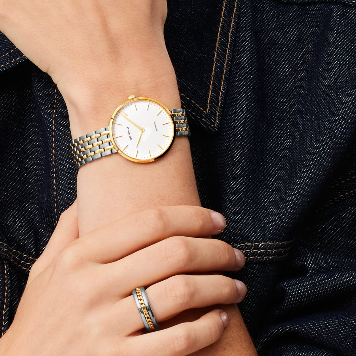 BERING Titanium Polished Gold 34mm White Dial Women's Watch 19334-010