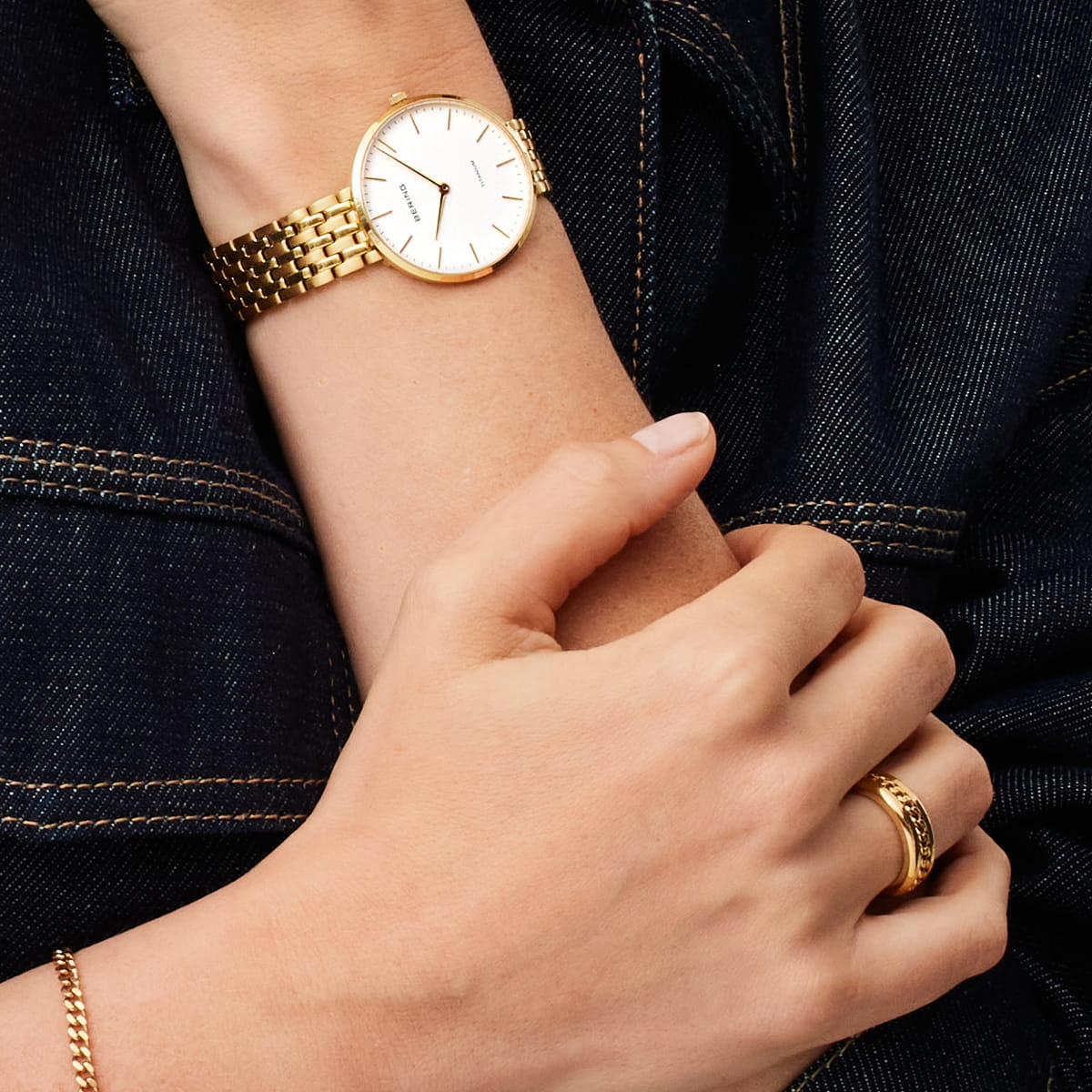 BERING Titanium Polished Gold 34mm White Dial Women's Watch 19334-334