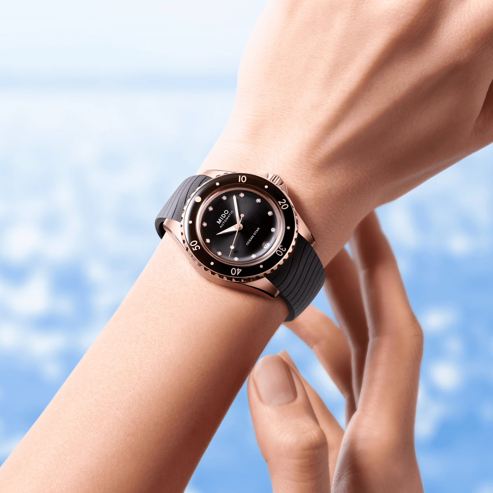 Mido Ocean Star 36.5mm Black-Rose Gold Diamonds Womens' Watch M0262073705600