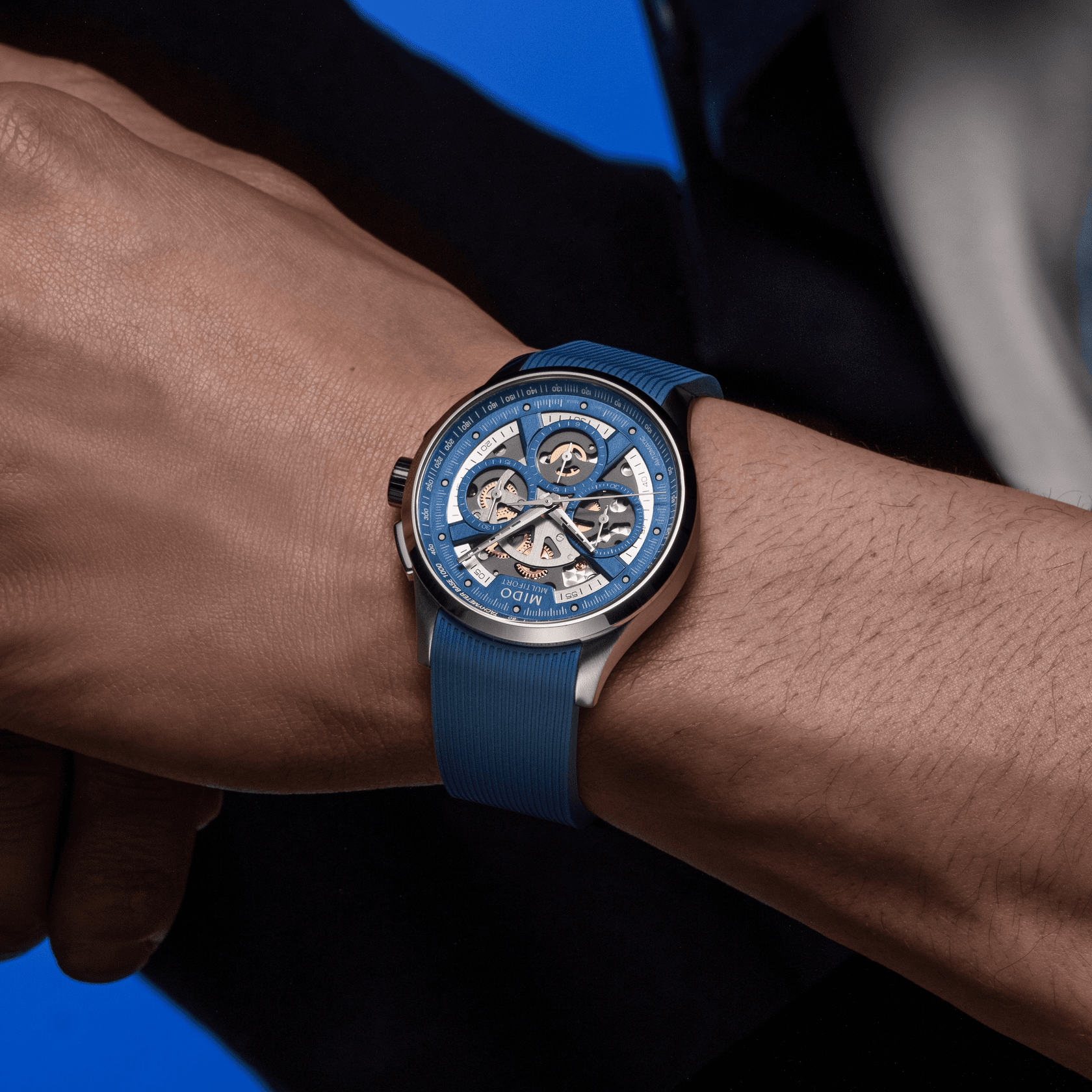 Mido Multifort Skeleton Chronograph 43mm Blue Dial Men's Watch M0386621704000