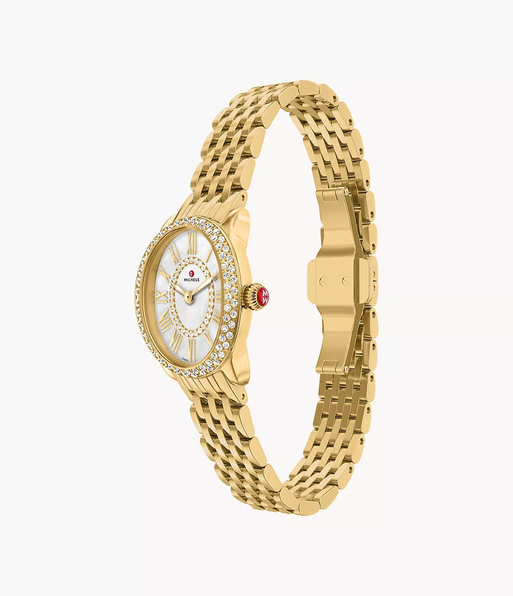MICHELE Serein Oval Diamond 18K Gold-Plated 27mm White Mother of Pearl Dial Women's Watch MWW21H000003