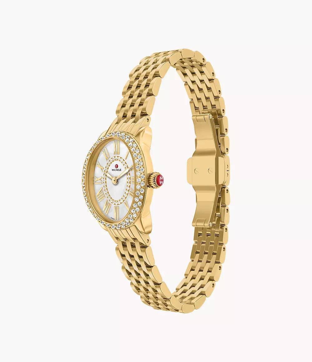 MICHELE Serein Oval Diamond 18K Gold-Plated 27mm White Mother of Pearl Dial Women's Watch MWW21H000003