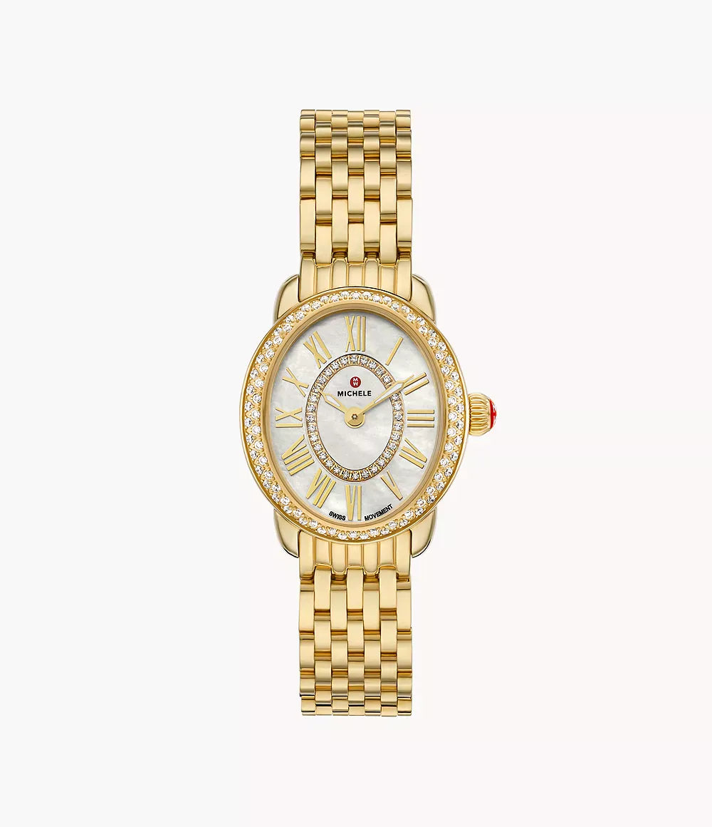 MICHELE Serein Oval Diamond 18K Gold-Plated 27mm White Mother of Pearl Dial Women's Watch MWW21H000003