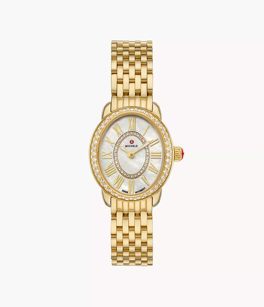 MICHELE Serein Oval Diamond 18K Gold-Plated 27mm White Mother of Pearl Dial Women's Watch MWW21H000003