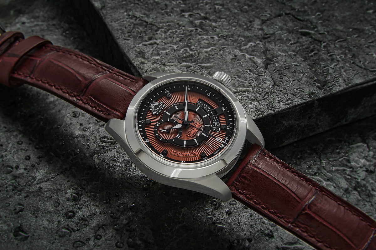 SOLAR AQUA Prima Abyss Leather 42mm Black-Italian Burgundy Dial Men's Watch SA0010.0024