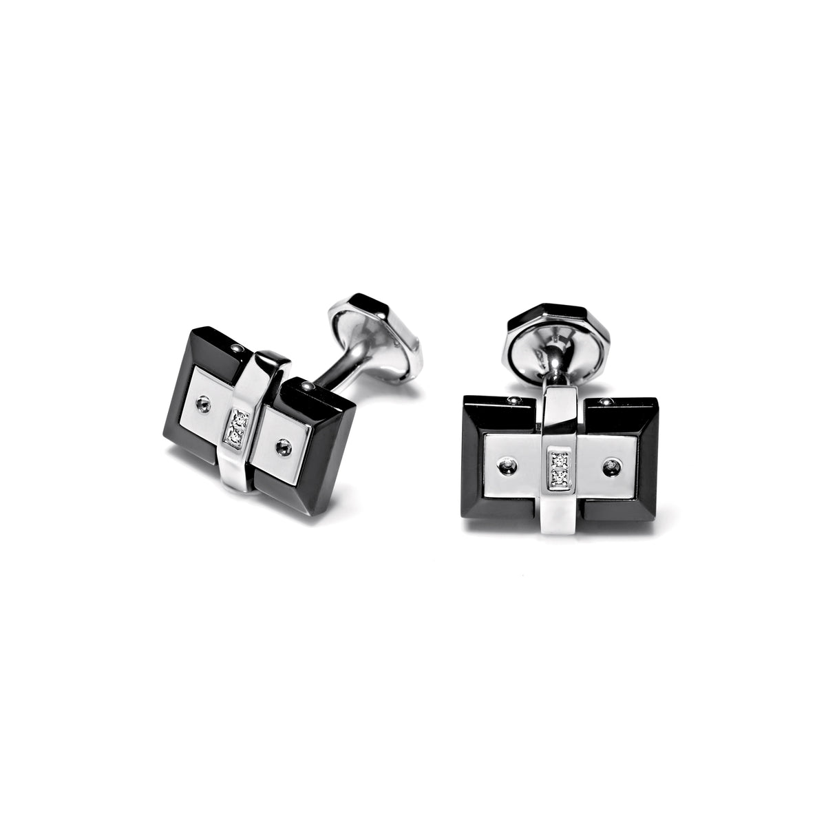 Baraka Men's Stainless Steel & Black Ceramic Cufflinks with White Diamonds
