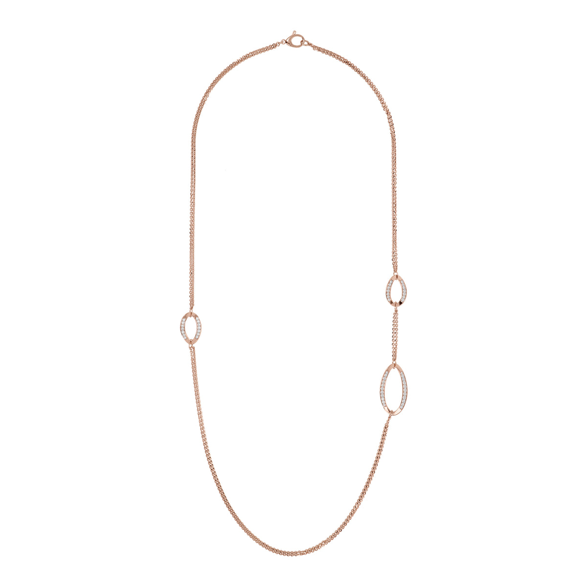 Bronzallure Long Double Rolo Chain Necklace with Oval Elements in Cubic Zirconia Pavé WSBZ02031.W