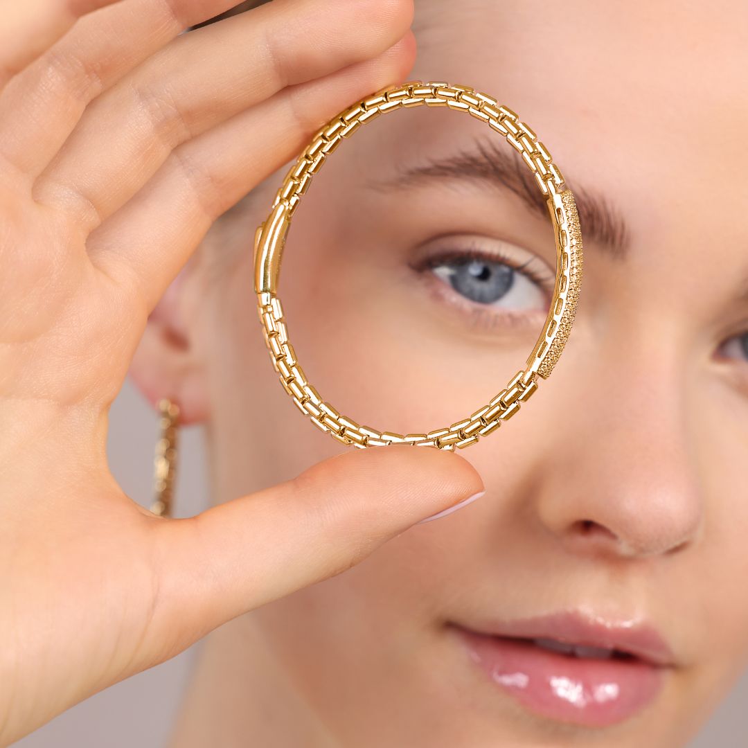 Bronzallure Golden Semi-Rigid Venetian Chain Bracelet with Cubic Zirconia Pavé Plaque WSBZ02400Y.YG