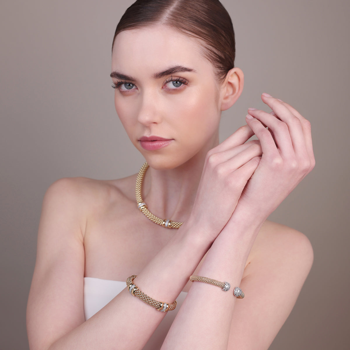 Bronzallure Golden Popcorn Link Bracelet with Cubic Zirconia Rondelles WSBZ02468Y.YG