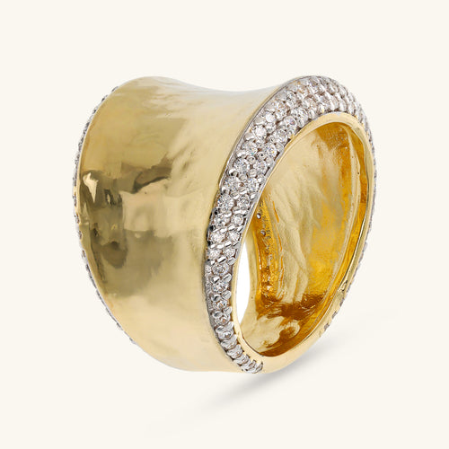 Etrusca Gioielli Hammered Band Ring Golden Eclipse with Cubic Zirconia Pavé WSET00729.YG