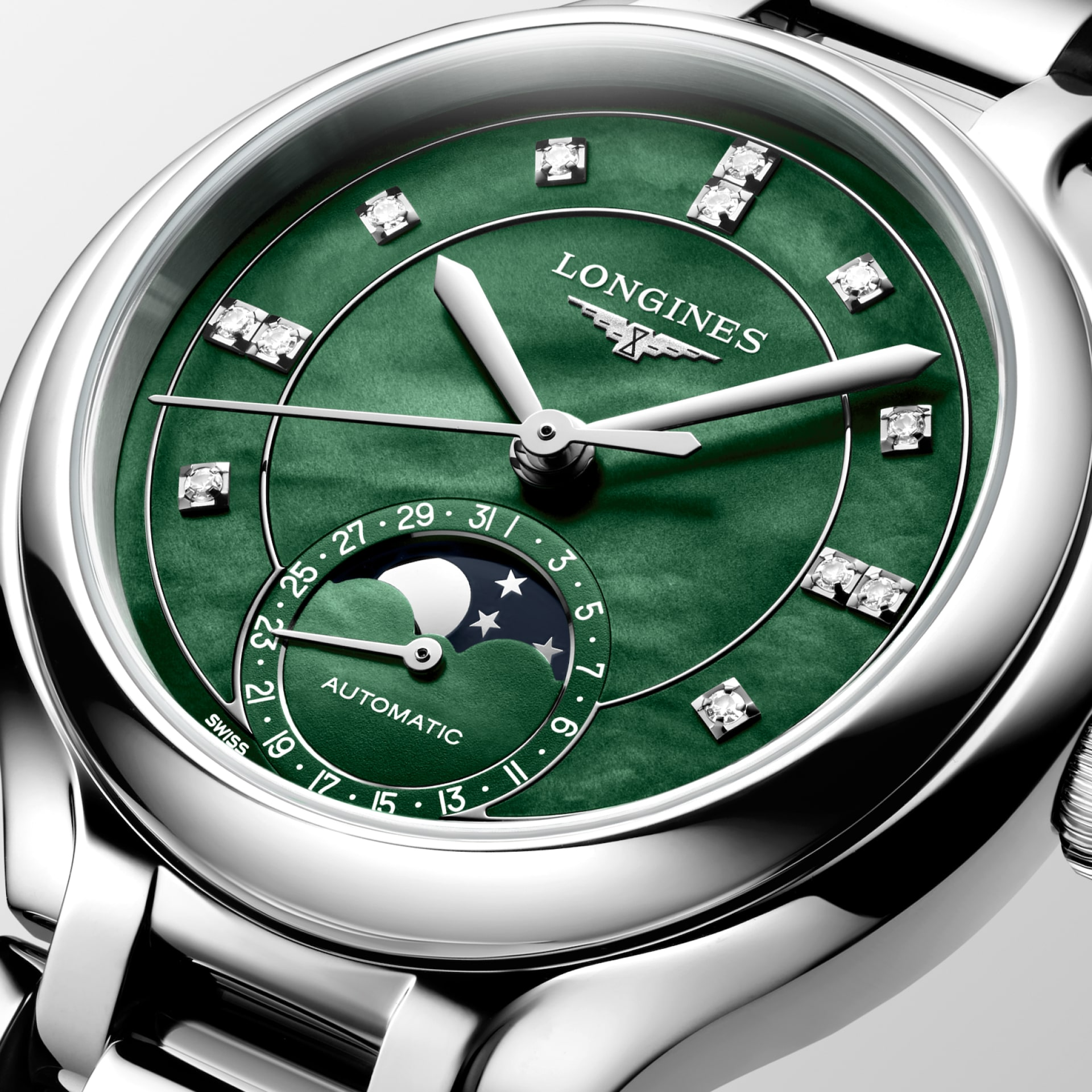 Longines PrimaLuna Moonphase 34mm Green Mother of Pearl Dial Women's Watch L81264076