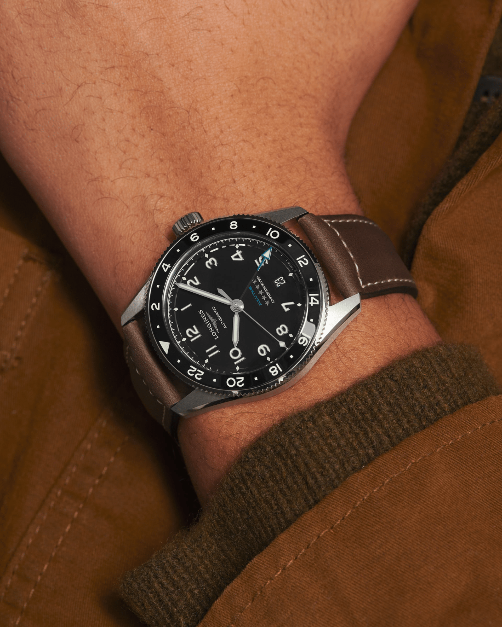 Longines Spirit Zulu Time 39mm Black Dial GMT Leather Men's Watch L38024532