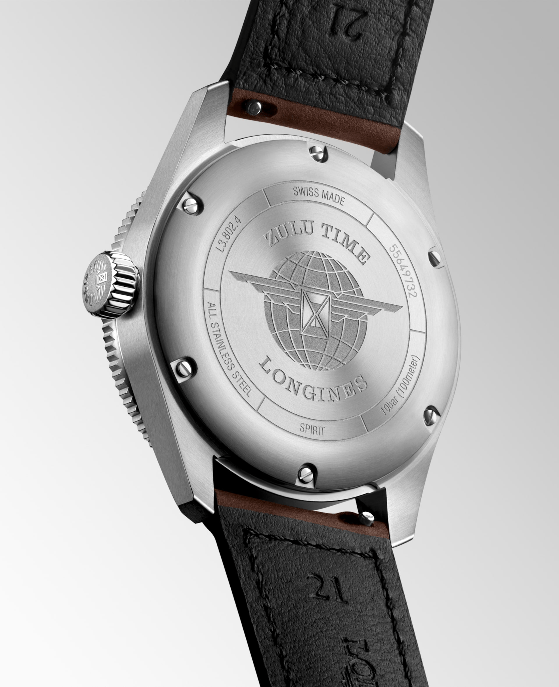 Longines Spirit Zulu Time 39mm Black Dial GMT Leather Men's Watch L38024532