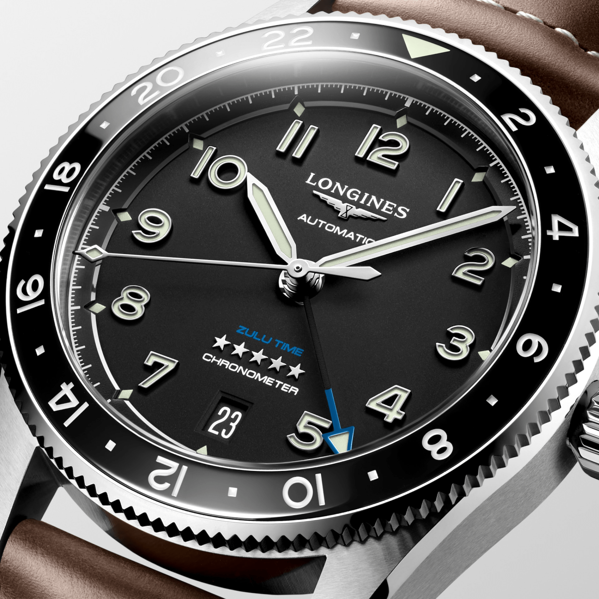 Longines Spirit Zulu Time 39mm Black Dial GMT Leather Men's Watch L38024532