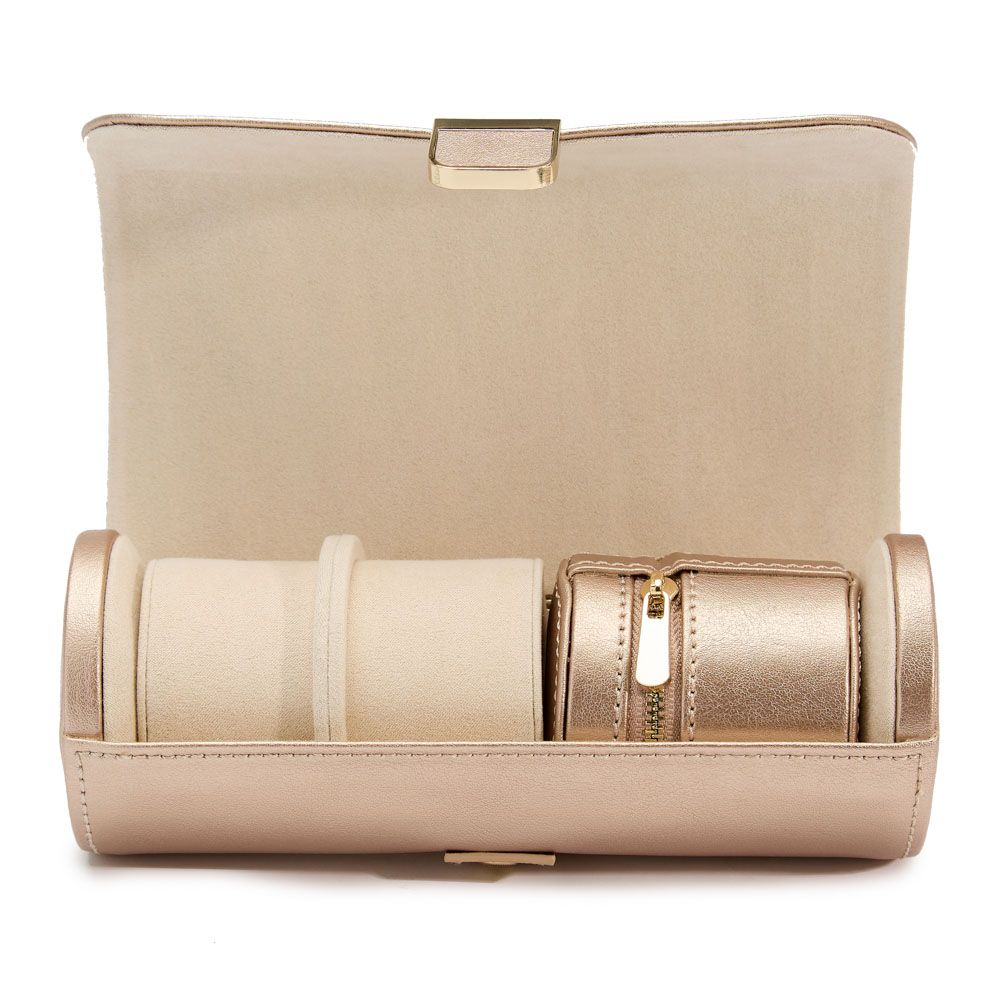 WOLF Palermo Rose Gold Double Watch Roll With Jewelry Pouch 213916