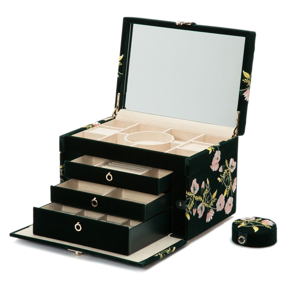 WOLF Zoe Large Jewelry Box Forest Green Velvet Floral Embroidery 393012