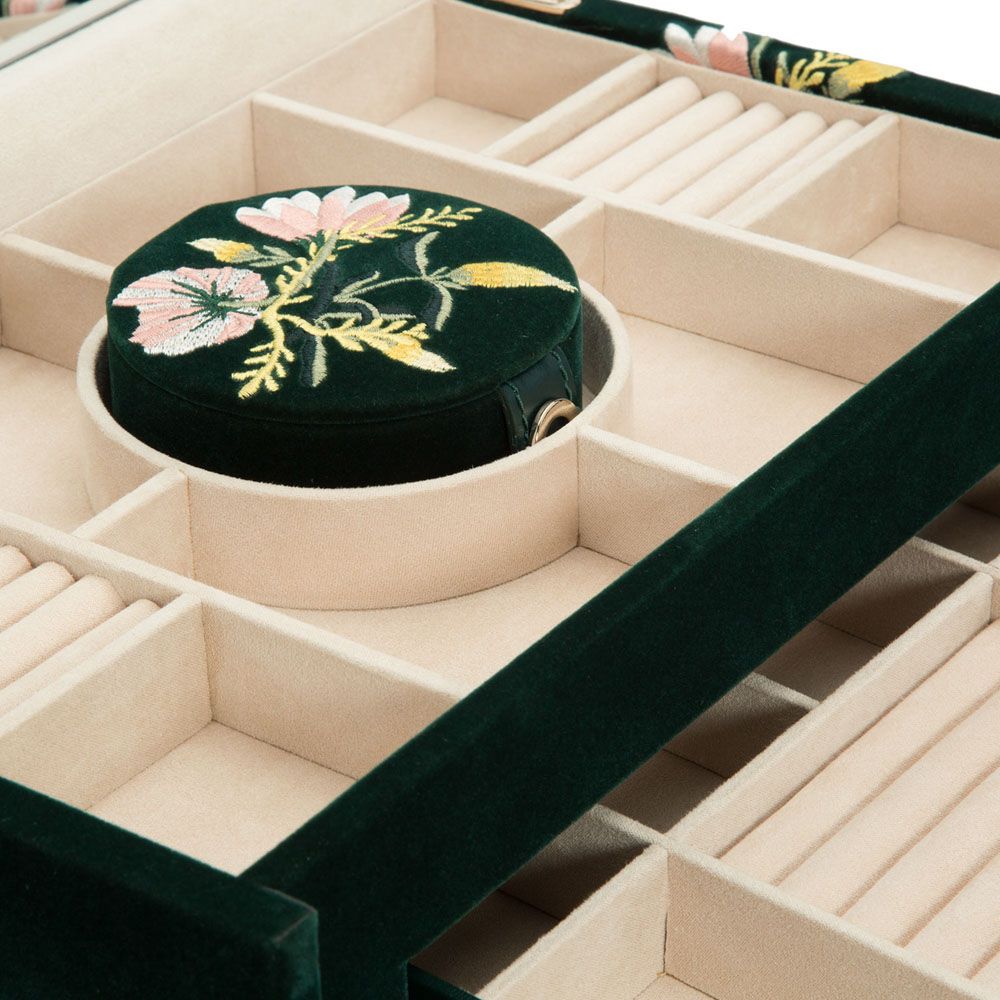 WOLF Zoe Large Jewelry Box Forest Green Velvet Floral Embroidery 393012