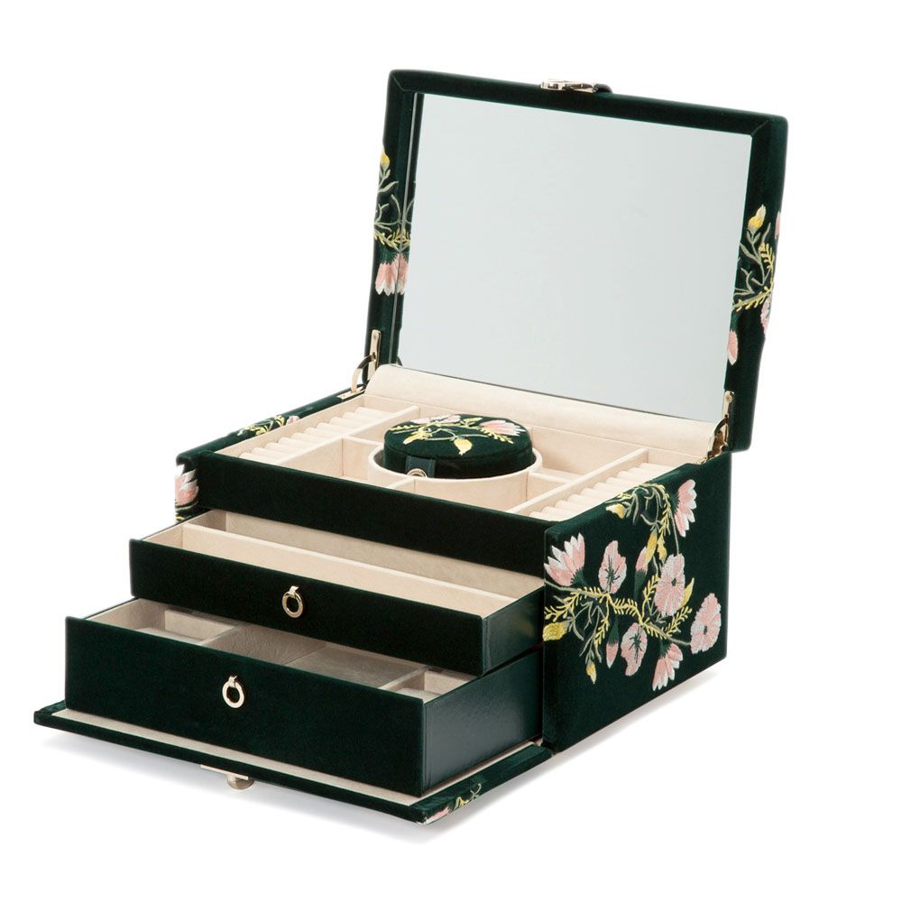 WOLF Zoe Medium Jewelry Box Forest Green Velvet Floral Embroidery 393112