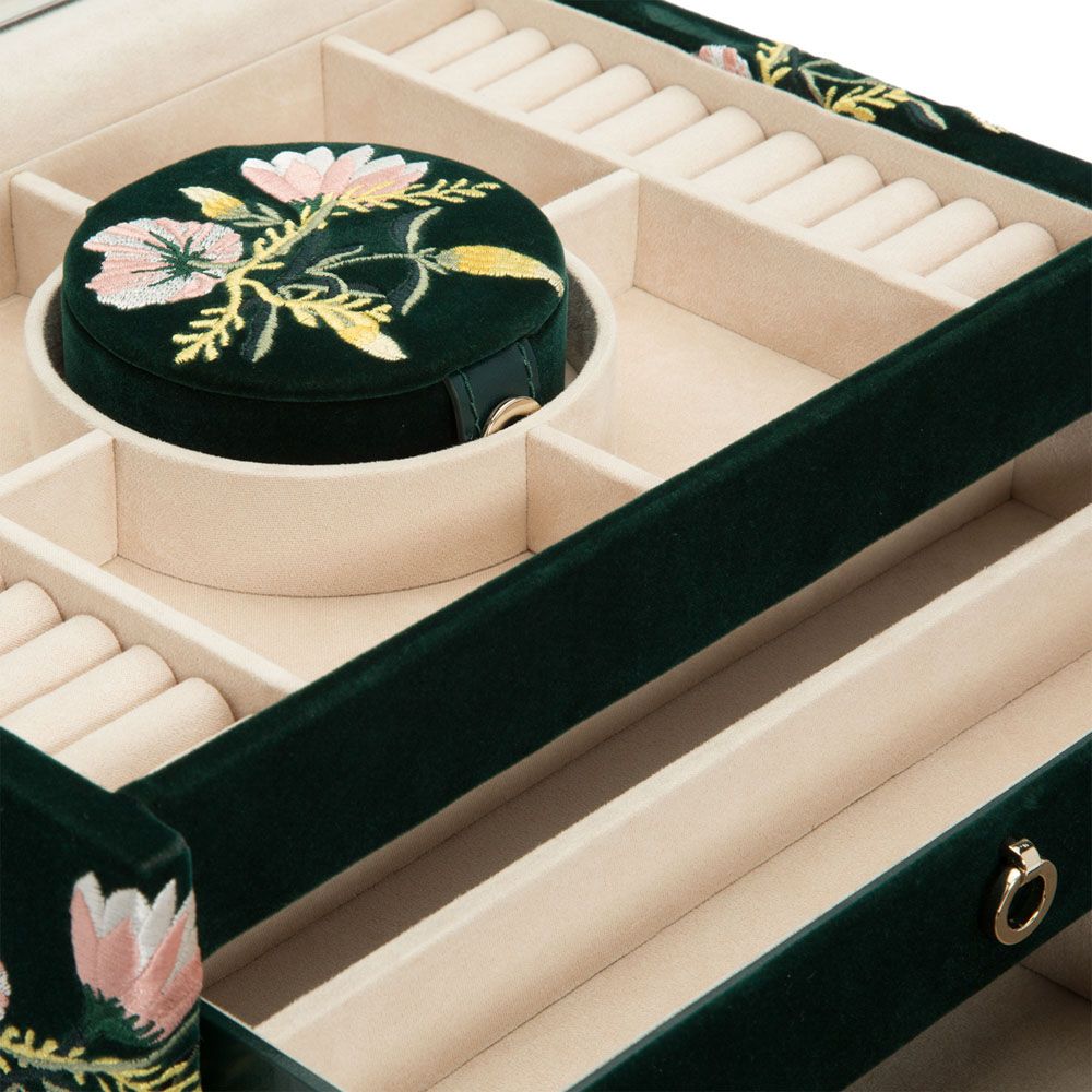 WOLF Zoe Medium Jewelry Box Forest Green Velvet Floral Embroidery 393112