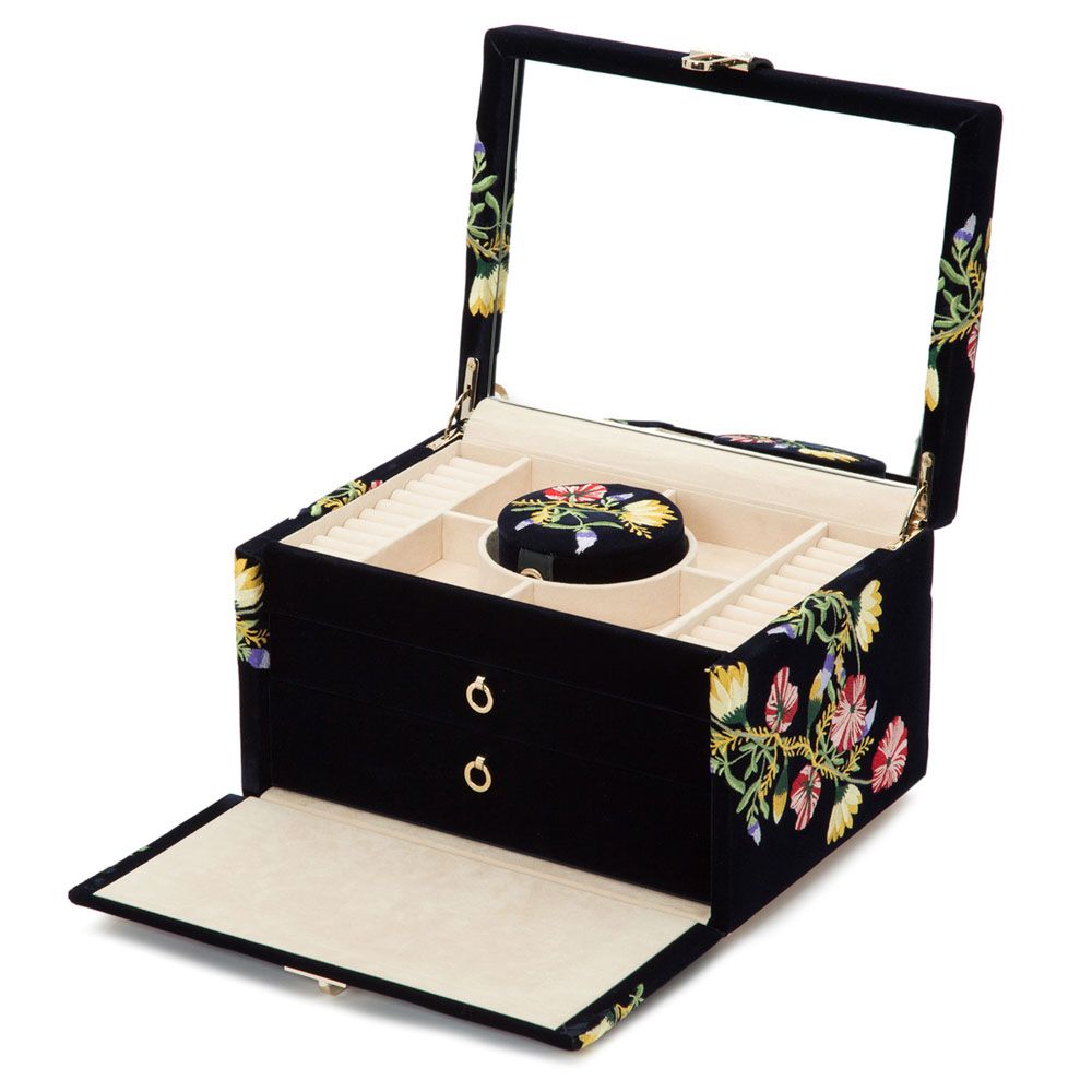WOLF Zoe Medium Jewelry Box Indigo Velvet Floral Embroidery 393116