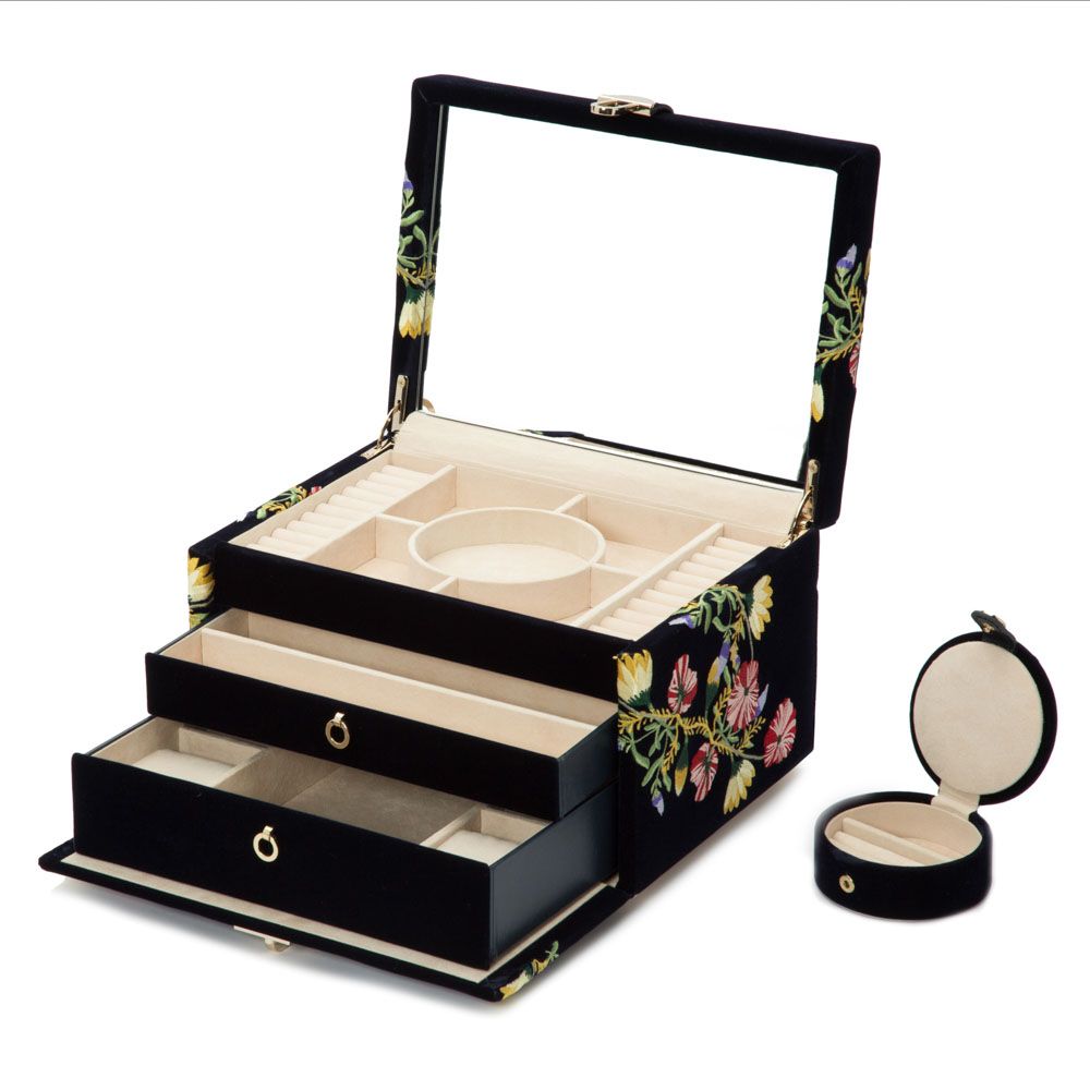 WOLF Zoe Medium Jewelry Box Indigo Velvet Floral Embroidery 393116