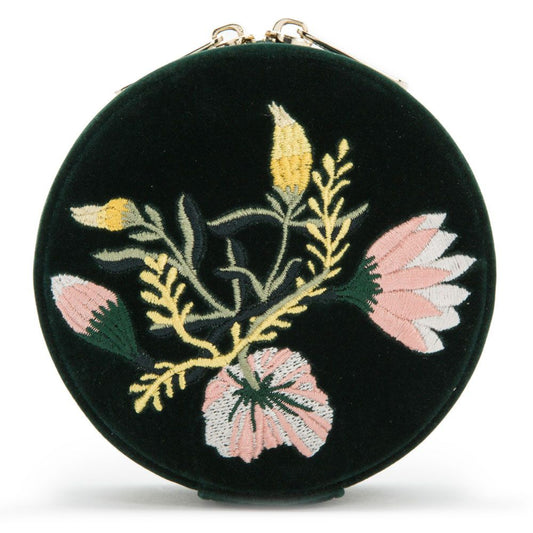 WOLF Zoe Travel Round Pouch Forest Green Velvet Floral Embroidery 393212