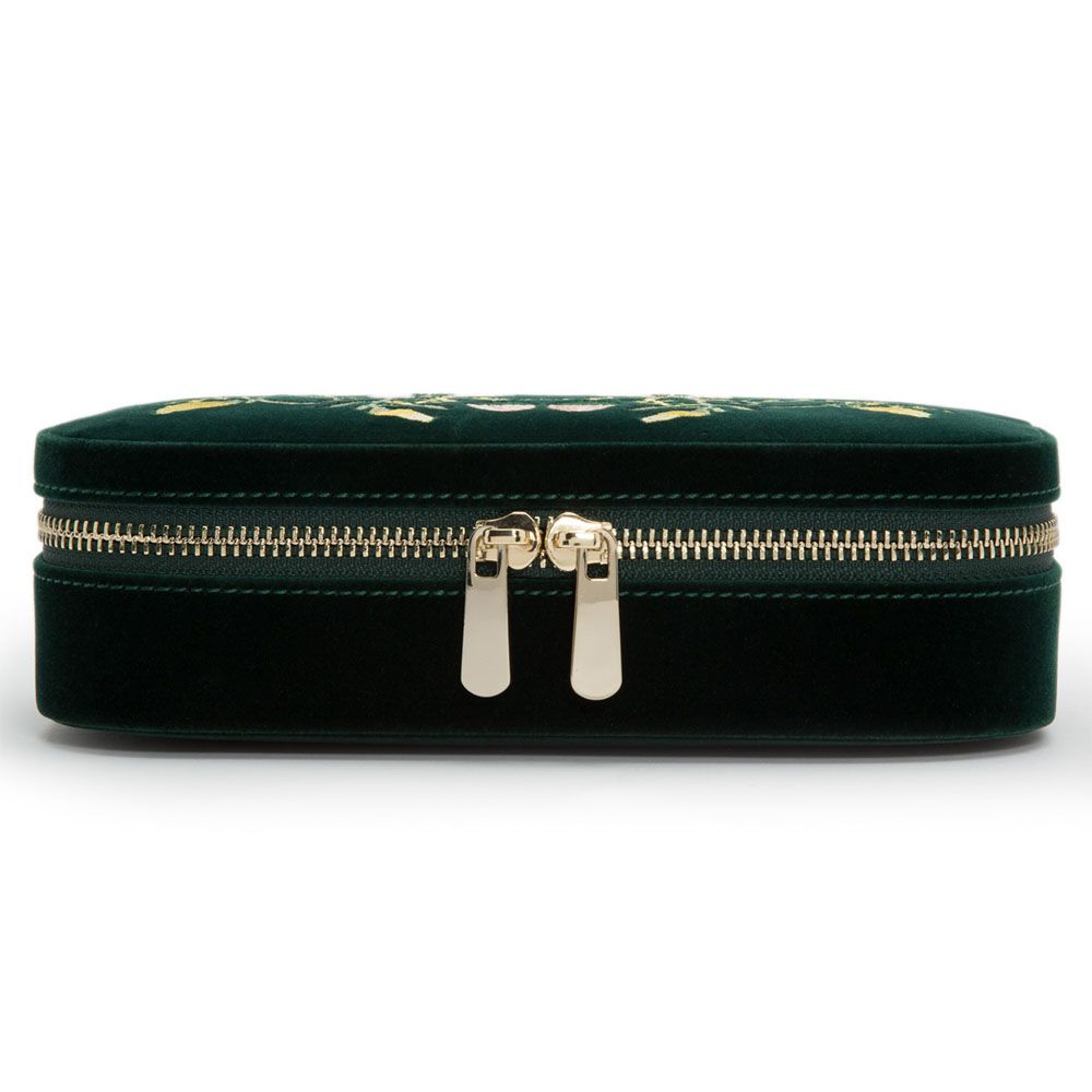 WOLF Zoe Travel Zip Case Forest Green Velvet Floral Embroidery 393312