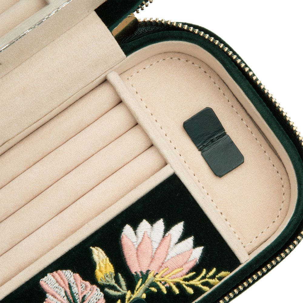 WOLF Zoe Travel Zip Case Forest Green Velvet Floral Embroidery 393312