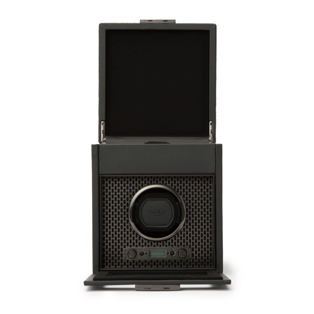 WOLF Axis Black Powder Coat Metal Plated Single Watch Winder With Storage 469203