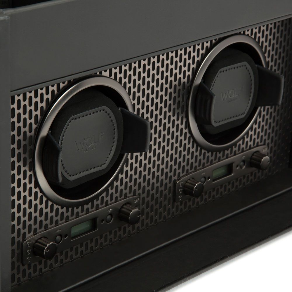 WOLF Axis Black Powder Coat Metal Plated Double Watch Winder With Storage 469303