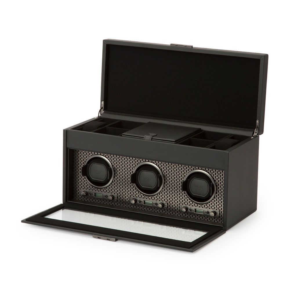 WOLF Axis Black Powder Coat Metal Plated Triple Watch Winder With Storage 469403