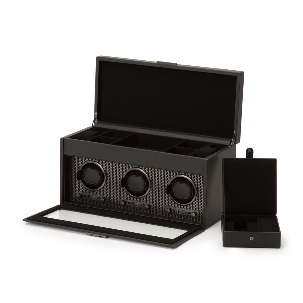 WOLF Axis Black Powder Coat Metal Plated Triple Watch Winder With Storage 469403