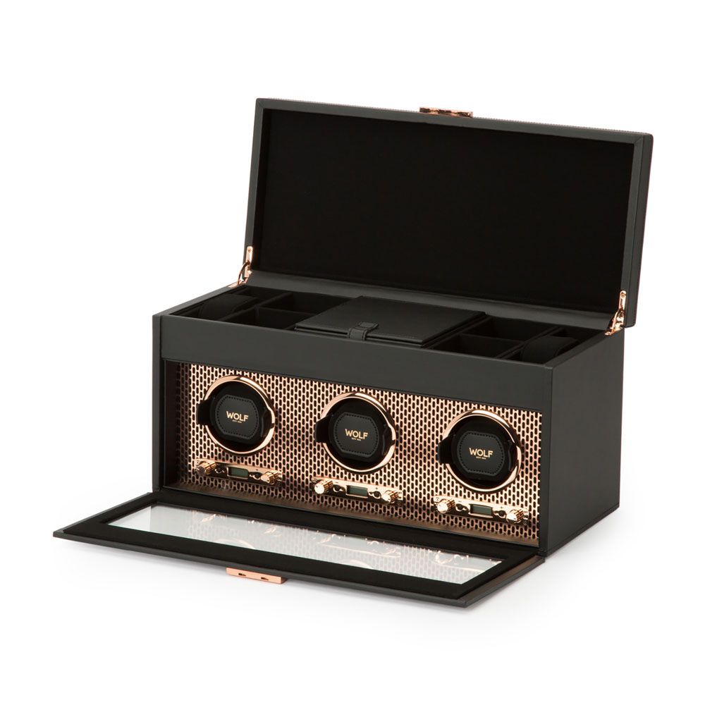 WOLF Axis Copper Metal Plated Triple Watch Winder With Storage 469416