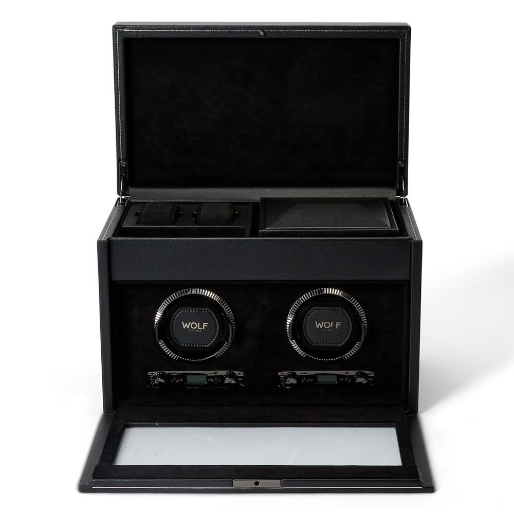 WOLF British Racing Black Double Watch Winder with Storage 792202