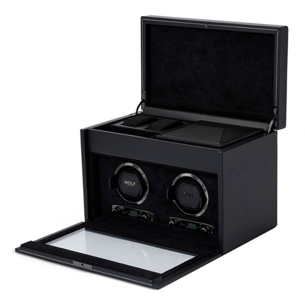 WOLF British Racing Black Double Watch Winder with Storage 792202
