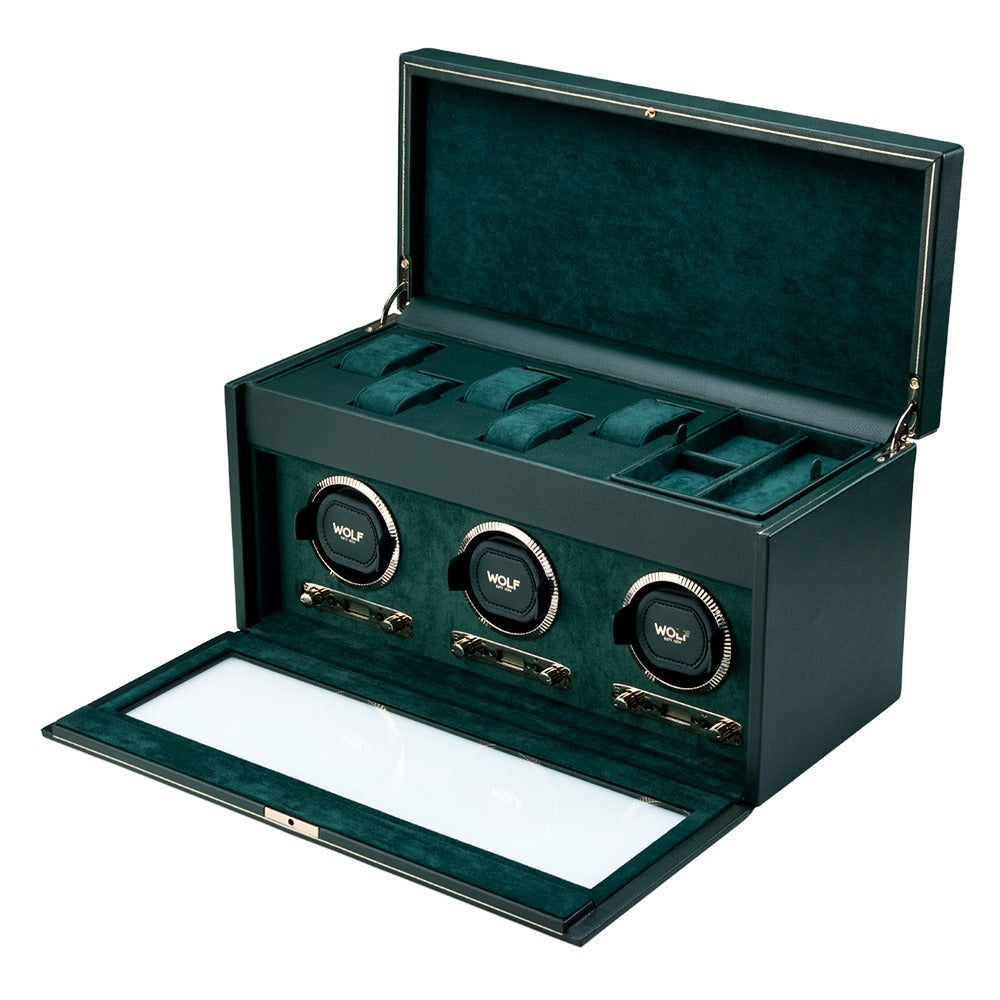 WOLF British Racing Green Triple Watch Winder with Storage 792341