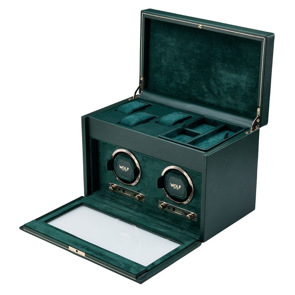 WOLF British Racing Green Double Watch Winder with Storage 792241